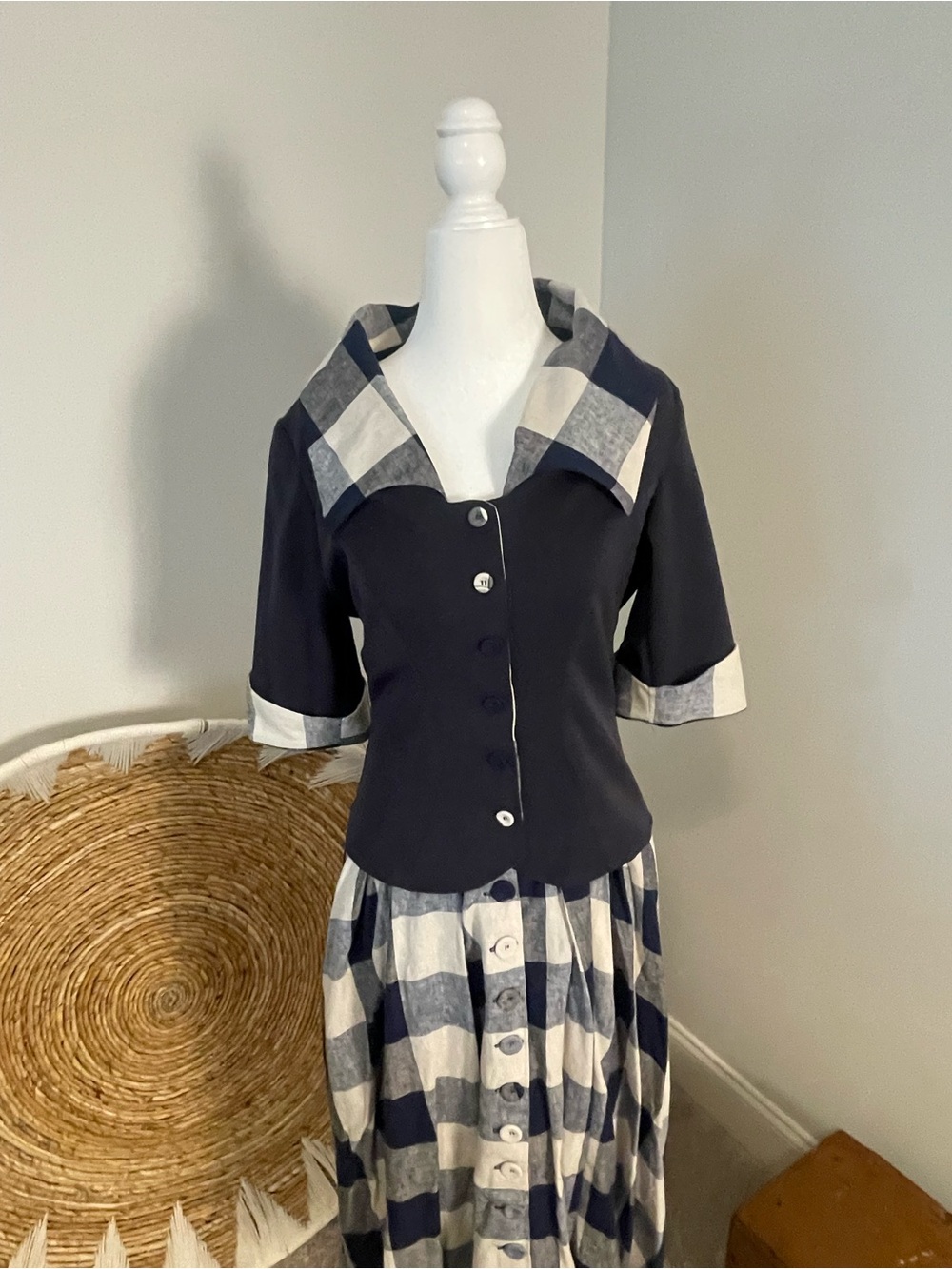 Navy and White Check Blazer